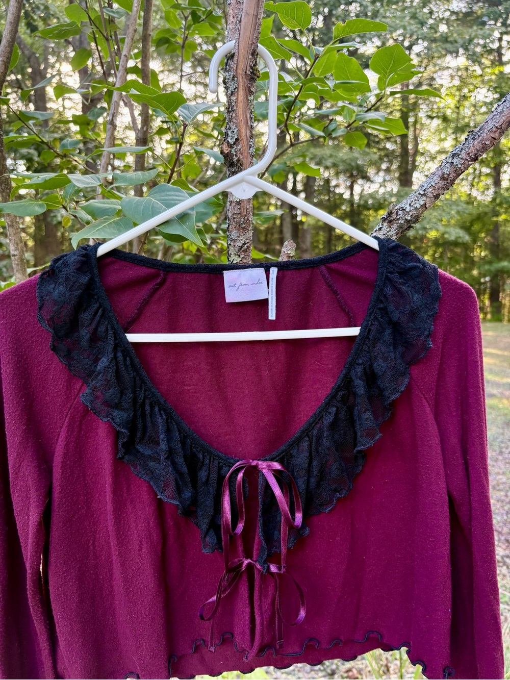 Urban Outfitters Wine-Red Long-Sleeve Crop Top with Black Lace Collar - Picture 2 of 6